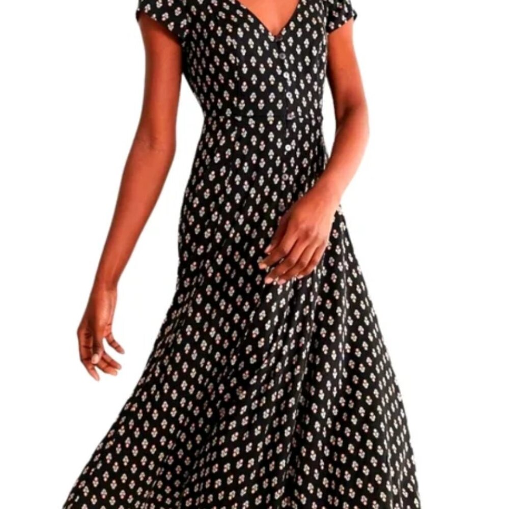 Urban Outfitters Dress Black Floral Midi Button Down Flowy M